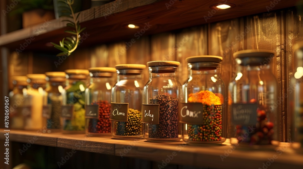 Aufkleber a close-up image of glass jars filled with various spices, neatly arranged on a wooden shelf. the ja
