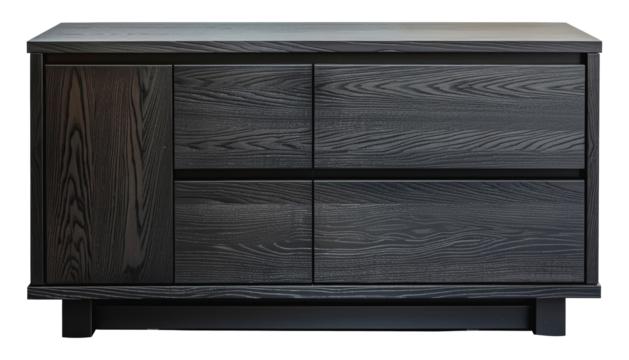 Black wooden cabinet with four doors and drawers, cut out - stock png.