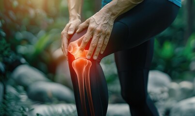 An individual grips their knee, with an area highlighted to indicate joint pain or injury, symbolizing health issues related to physical discomfort and the need for care