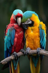 Obraz premium Colorful birds perched side by side on a tree branch