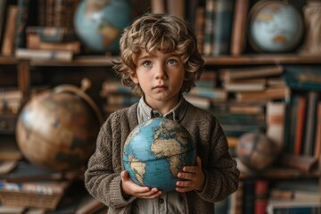 Boy holding a globe in front of a bookshelf, Universal Childrens Day