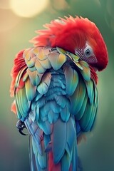 Obraz premium A tight shot of a red-headed bird against a light green background, its body predominantly blue