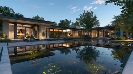 Fototapeta premium Modern ranch with a reflective pool in the front yard, designed as a modern interpretation of a traditional moat