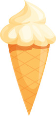 Vanilla ice cream cone melting slowly on white background