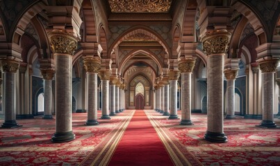 Obraz premium Exquisite interior of a grand palace or mosque featuring ornate, towering columns adorned with intricate designs, illuminated by soft ambient light