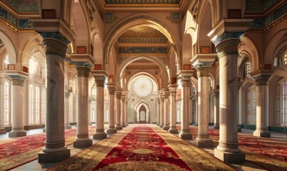 Obraz premium Exquisite interior of a grand palace or mosque featuring ornate, towering columns adorned with intricate designs, illuminated by soft ambient light