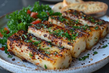 A plate of roasted bone marrow, served with a side of parsley salad and toasted bread. 