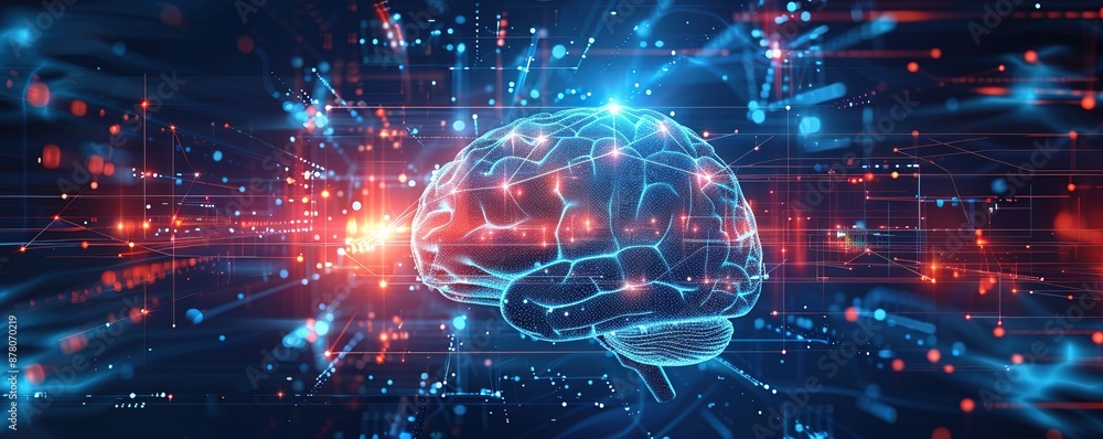 Poster digital brain illustration: abstract network of knowledge and information