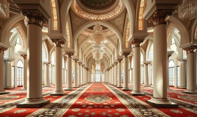 Obraz premium Exquisite interior of a grand palace or mosque featuring ornate, towering columns adorned with intricate designs, illuminated by soft ambient light