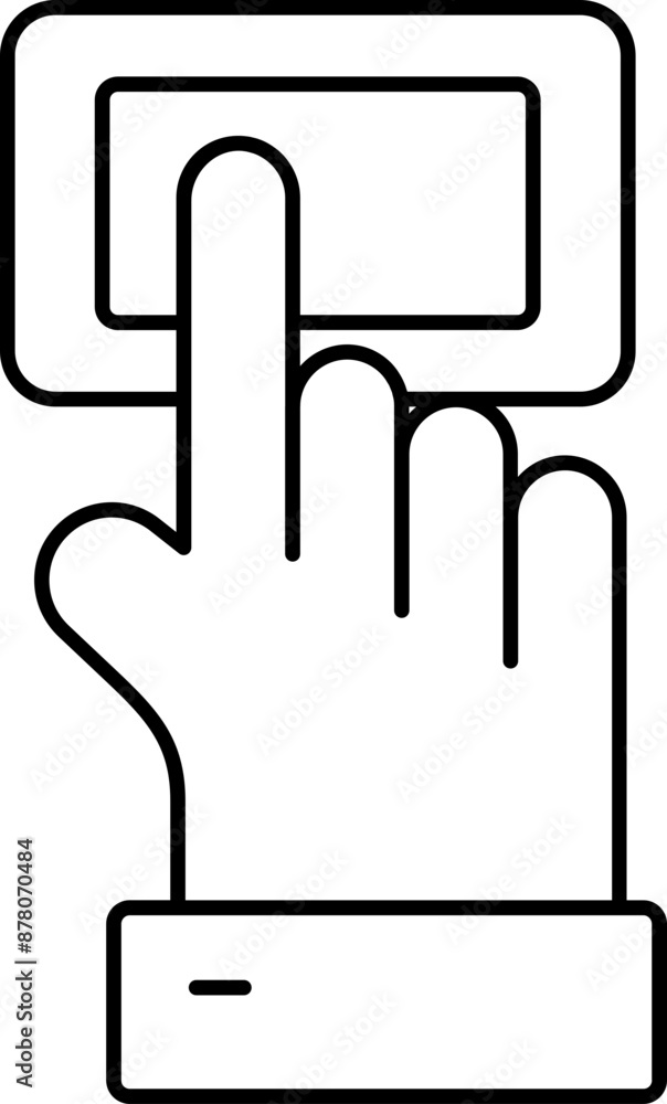 Poster hand pressing button icon in black linear style.