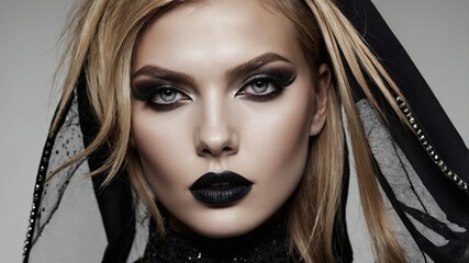 Intense portrait of a gothic woman with dramatic dark makeup and black veil, exuding a mysterious and bold style.
