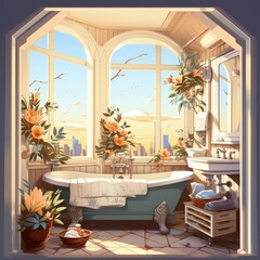 Obraz premium Bathroom Decor with Natural Sunlight and Flowers in 4K
