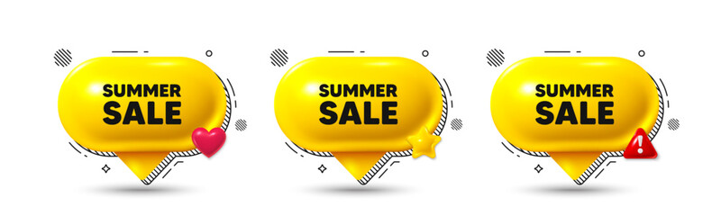 Chat speech bubble 3d icons. Summer Sale tag. Special offer price sign. Advertising Discounts symbol. Summer sale chat offer. Speech bubble banners. Text box balloon. Vector