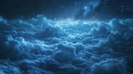 Dark blue sky with stars and volumetric clouds