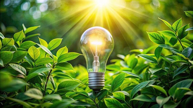A bright light bulb surrounded by lush green leaves on a vibrant green background, symbolizing eco-friendly sustainable living and renewable energy concepts with copy space.