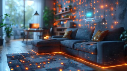 A smart home controlled by voice commands, with holographic projections of household controls floating in mid-air