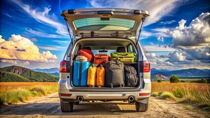 Sleek SUV trunk overflowing with vibrant travel bags, camping gear, and adventure equipment, set against a bright blue sky background.