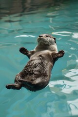 Fototapeta premium A sea otter floats in the water, paws elevated above the surface, head raised above the waves