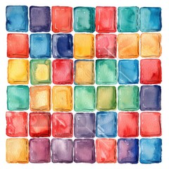 A vibrant watercolor painting featuring a grid of colorful squares in various shades, creating a cheerful and lively pattern