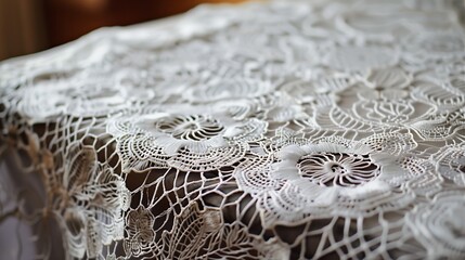 A lace tablecloth with intricate patterns, adding elegance to any dining experience, perfect for any occasion.