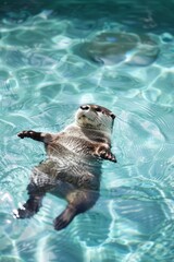 Obraz premium A sea otter floats on a pool's surface, head lifted high, gazing at the sky