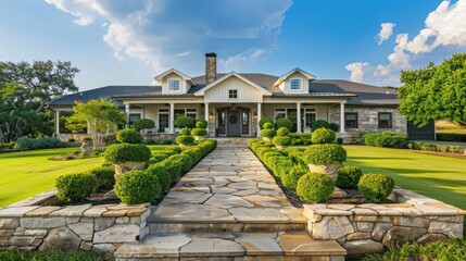Ranch home with an elegant stone pathway flanked by symmetrical topiaries leading to a grand front porch