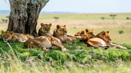  A group of lions reclines beside a tree in a verdant field Above, a blue sky extends