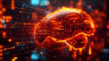 Obraz premium A glowing neon-red representation of a human brain with a digital network and circuitry in the background, showcasing a blend of technology and biological elements.