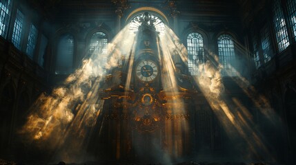 Ornate Clock in Grand Hall: Cathedral-Like Interior, Dramatic Light Rays, Dust or Smoke, Mystical and Antiquated Atmosphere