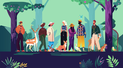 Community people group in forest scene Diverse individuals animals trees colorful nature