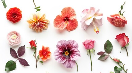 Isolated hibiscus dahlias and roses on white background