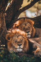 Fototapeta premium A couple of lions recline beside each other on a verdant field, near a massive tree