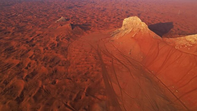 Drone over desert sand dunes on a sunny summer day