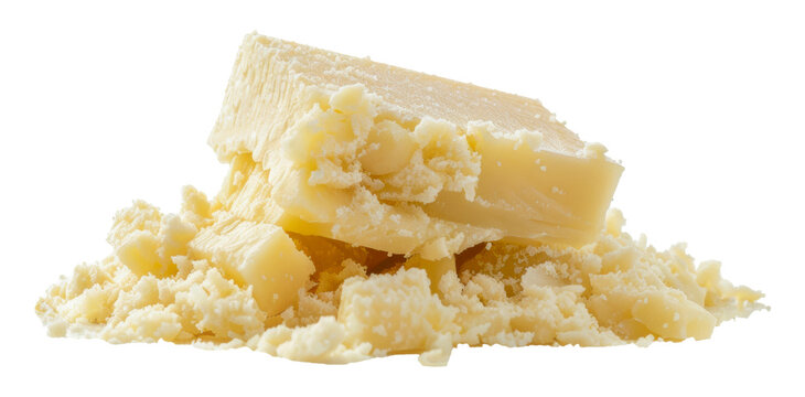 A pile of grated and chunks of hard cheese, cut out - stock png.