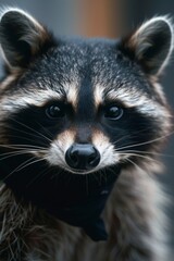  A tight shot of a raccoon's face adorned with a black bow tie