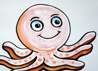 hand painted original impressionism art drawing   copic marker  cute octopus