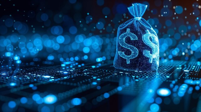 digital blue moneybag with a dollar $ icon with binary code, ai financial transactions, fraud detection algorithms, portfolio management, and personalized financial planning services. money bag