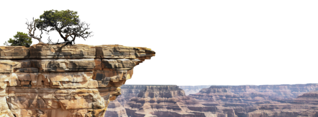 A single tree growing on the edge of a canyon cliff, cut out - stock png.