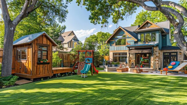 Ranch home with a backyard that includes a large, custom-built playhouse for kids, designed to match the home's architecture