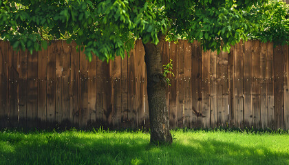Fototapeta premium Wooden fence, tree and green grass outdoors