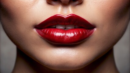 Fototapeta premium Highly detailed close-up of luscious, plump, glossy lips and velvety smooth skin, radiant with natural beauty and subtle sheen.