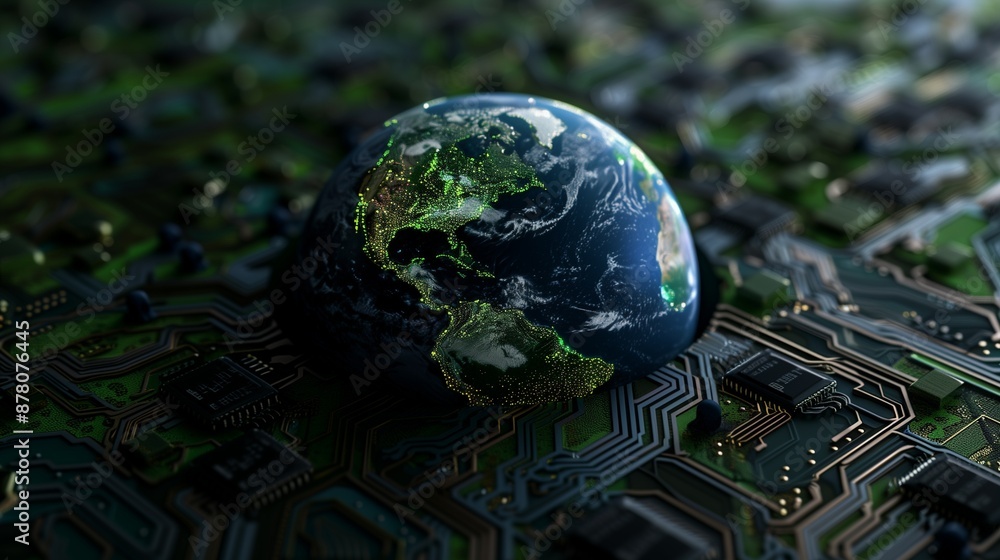 Poster globe crafted from circuit boards and microchips, symbolizing the integration of electronics in ever