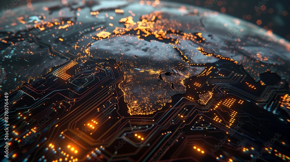 Poster globe crafted from circuit boards and microchips, symbolizing the integration of electronics in ever