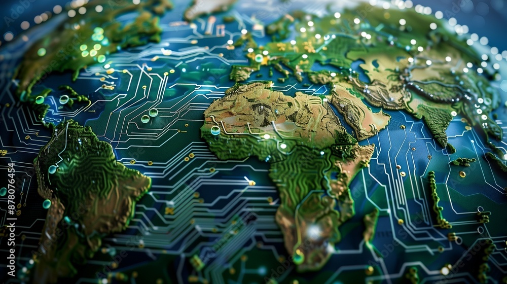 Poster globe crafted from circuit boards and microchips, symbolizing the integration of electronics in ever