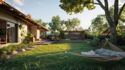 Ranch home with a backyard designed for relaxation, including a hammock area and a soft, grassy lawn