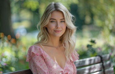 Naklejka premium A joyful blonde woman in a pink dress sits gracefully on a park bench