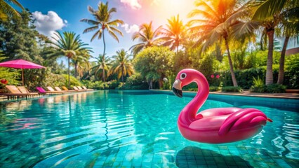 Vibrant pink inflatable flamingo floats alone on calm turquoise pool water surrounded by sun-kissed lounge chairs and lush greenery.