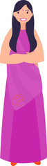 Illustration of Beautiful Smile Indian Woman Standing with Folded Arms in Pink Traditional Cloth (Saree).