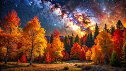 Fototapeta premium Vibrant autumn hues illuminate a serene forest landscape under a starry night sky, with trees ablaze in golden, crimson, and amber glory.