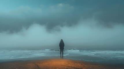 photograph of a person standing on an empty beach